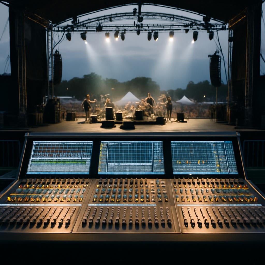 A concert: A soundboard points toward a stage with musicians, where a crowd is visible in the background.